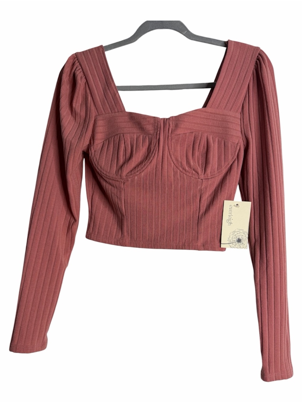 Everleigh Mauve Ribbed Long Sleeve Square Neck Structured Crop Top Minimalist